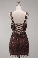 Laden Sie das Bild in den Galerie-Viewer, Braunes Bodycon Pailletten Fransen Kurzes Abendkleid mit Strass