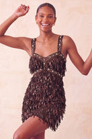 Laden Sie das Bild in den Galerie-Viewer, Braunes Bodycon Pailletten Fransen Kurzes Abendkleid mit Strass