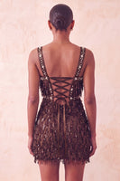 Laden Sie das Bild in den Galerie-Viewer, Braunes Bodycon Pailletten Fransen Kurzes Abendkleid mit Strass