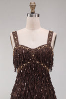 Laden Sie das Bild in den Galerie-Viewer, Braunes Bodycon Pailletten Fransen Kurzes Abendkleid mit Strass