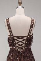 Laden Sie das Bild in den Galerie-Viewer, Braunes Bodycon Pailletten Fransen Kurzes Abendkleid mit Strass