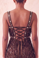 Laden Sie das Bild in den Galerie-Viewer, Braunes Bodycon Pailletten Fransen Kurzes Abendkleid mit Strass