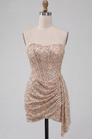 Laden Sie das Bild in den Galerie-Viewer, Glitzerndes Champagner Trägerloses Bodycon Pailletten Korsett Kurzes Abendkleid mit Schärpe