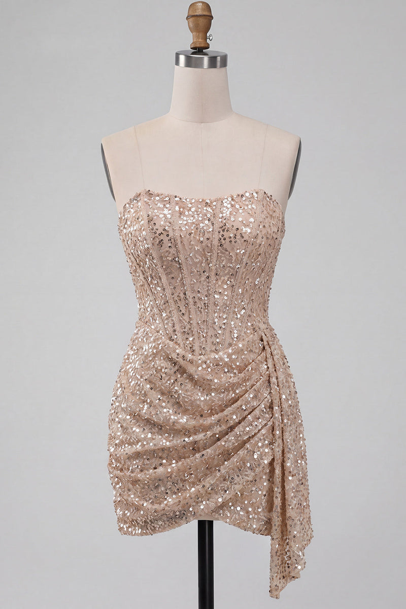 Laden Sie das Bild in den Galerie-Viewer, Glitzerndes Champagner Trägerloses Bodycon Pailletten Korsett Kurzes Abendkleid mit Schärpe