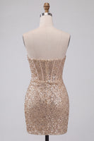 Laden Sie das Bild in den Galerie-Viewer, Glitzerndes Champagner Trägerloses Bodycon Pailletten Korsett Kurzes Abendkleid mit Schärpe