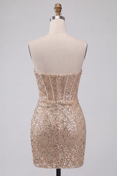Glitzerndes Champagner Trägerloses Bodycon Pailletten Korsett Kurzes Abendkleid mit Schärpe