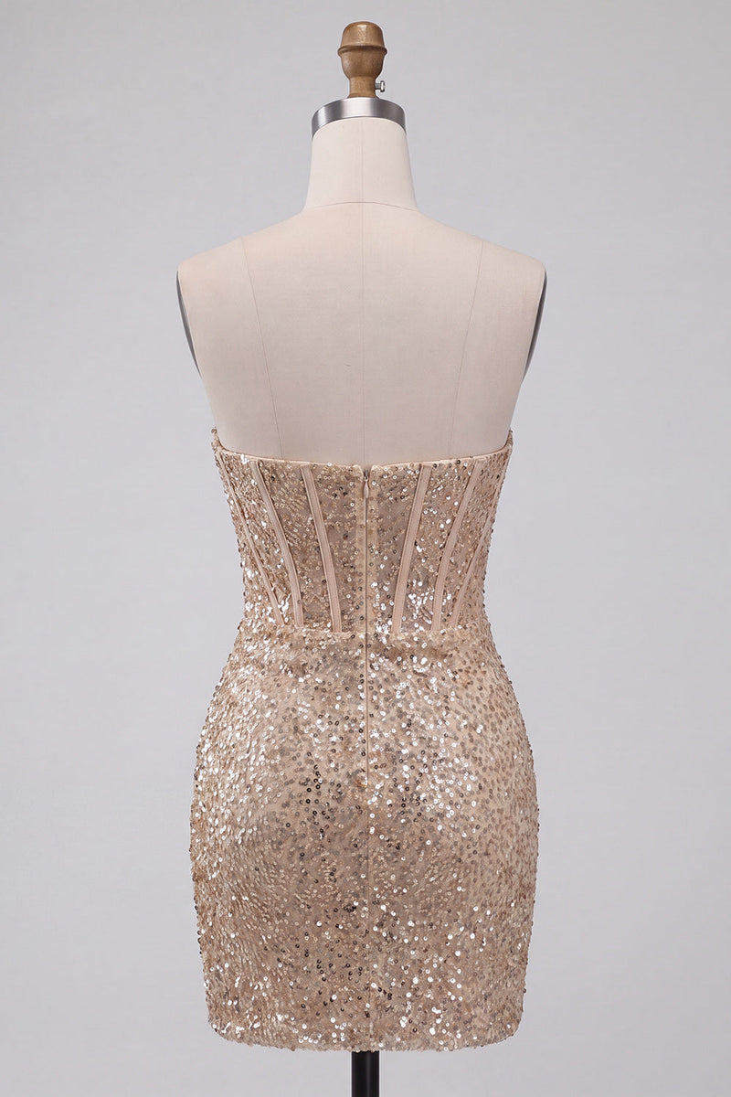 Laden Sie das Bild in den Galerie-Viewer, Glitzerndes Champagner Trägerloses Bodycon Pailletten Korsett Kurzes Abendkleid mit Schärpe