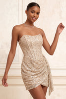 Laden Sie das Bild in den Galerie-Viewer, Glitzerndes Champagner Trägerloses Bodycon Pailletten Korsett Kurzes Abendkleid mit Schärpe