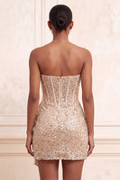 Laden Sie das Bild in den Galerie-Viewer, Glitzerndes Champagner Trägerloses Bodycon Pailletten Korsett Kurzes Abendkleid mit Schärpe