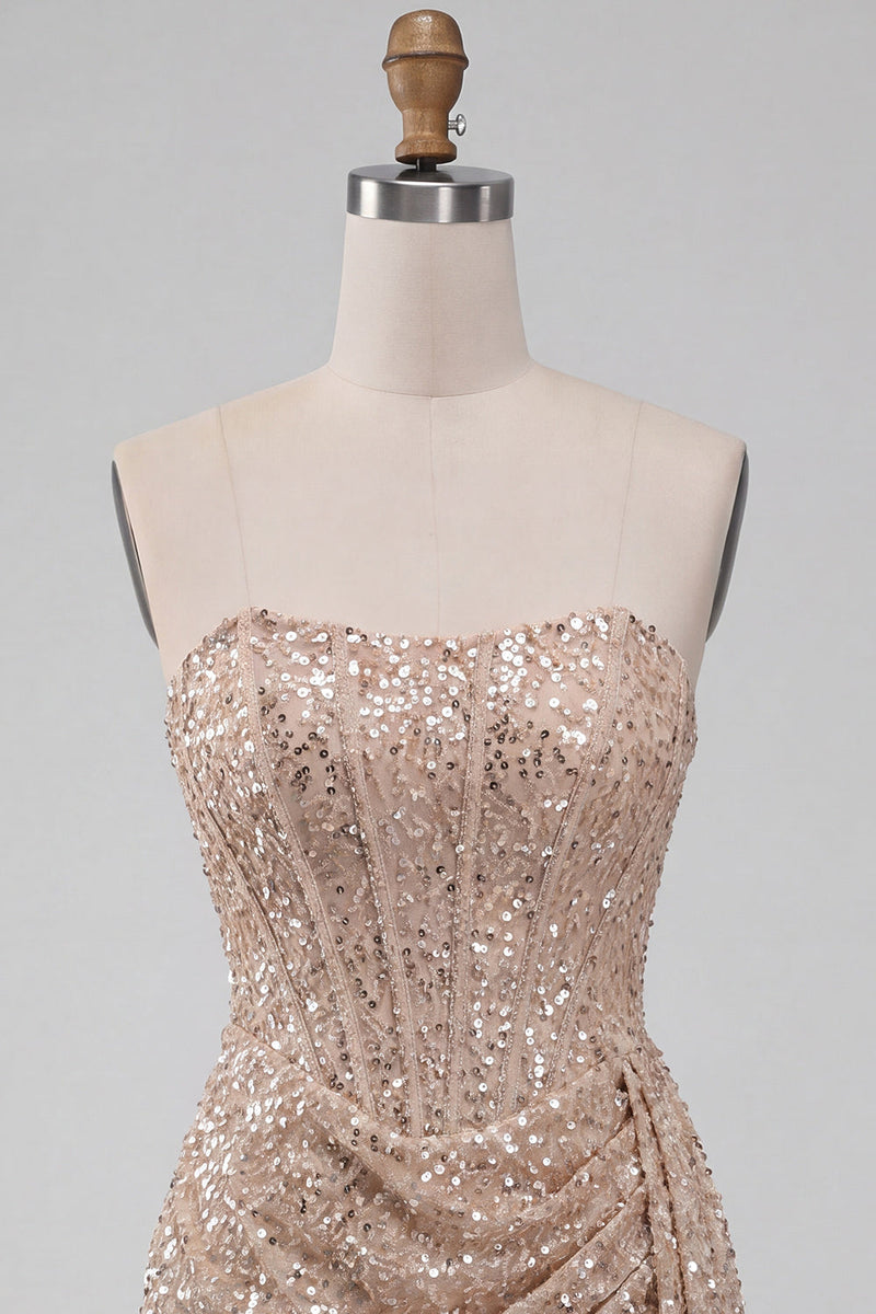 Laden Sie das Bild in den Galerie-Viewer, Glitzerndes Champagner Trägerloses Bodycon Pailletten Korsett Kurzes Abendkleid mit Schärpe