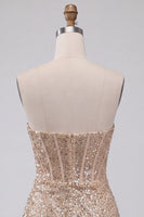 Laden Sie das Bild in den Galerie-Viewer, Glitzerndes Champagner Trägerloses Bodycon Pailletten Korsett Kurzes Abendkleid mit Schärpe