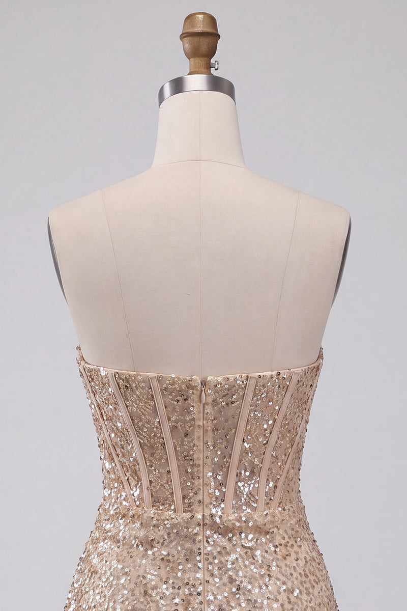 Laden Sie das Bild in den Galerie-Viewer, Glitzerndes Champagner Trägerloses Bodycon Pailletten Korsett Kurzes Abendkleid mit Schärpe