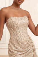 Laden Sie das Bild in den Galerie-Viewer, Glitzerndes Champagner Trägerloses Bodycon Pailletten Korsett Kurzes Abendkleid mit Schärpe
