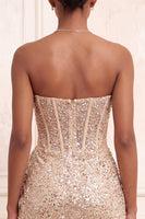 Laden Sie das Bild in den Galerie-Viewer, Glitzerndes Champagner Trägerloses Bodycon Pailletten Korsett Kurzes Abendkleid mit Schärpe