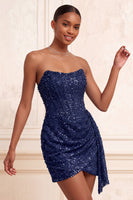 Laden Sie das Bild in den Galerie-Viewer, Glitzerndes Champagner Trägerloses Bodycon Pailletten Korsett Kurzes Abendkleid mit Schärpe