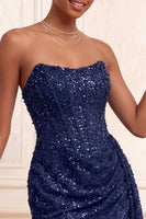 Laden Sie das Bild in den Galerie-Viewer, Glitzerndes Champagner Trägerloses Bodycon Pailletten Korsett Kurzes Abendkleid mit Schärpe