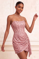 Laden Sie das Bild in den Galerie-Viewer, Glitzerndes Champagner Trägerloses Bodycon Pailletten Korsett Kurzes Abendkleid mit Schärpe