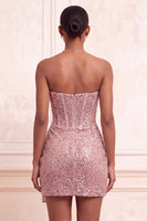 Laden Sie das Bild in den Galerie-Viewer, Glitzerndes Champagner Trägerloses Bodycon Pailletten Korsett Kurzes Abendkleid mit Schärpe