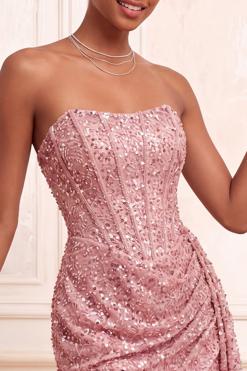 Laden Sie das Bild in den Galerie-Viewer, Glitzerndes Champagner Trägerloses Bodycon Pailletten Korsett Kurzes Abendkleid mit Schärpe