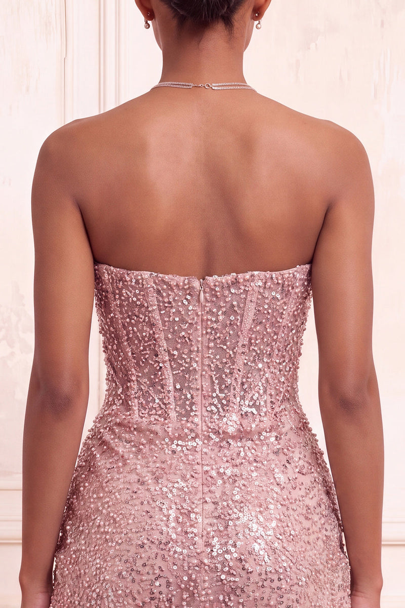Laden Sie das Bild in den Galerie-Viewer, Glitzerndes Champagner Trägerloses Bodycon Pailletten Korsett Kurzes Abendkleid mit Schärpe
