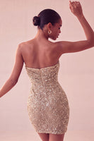 Laden Sie das Bild in den Galerie-Viewer, Glitzerndes Trägerloses Marineblaues Bodycon Pailletten Kurzes Abendkleid