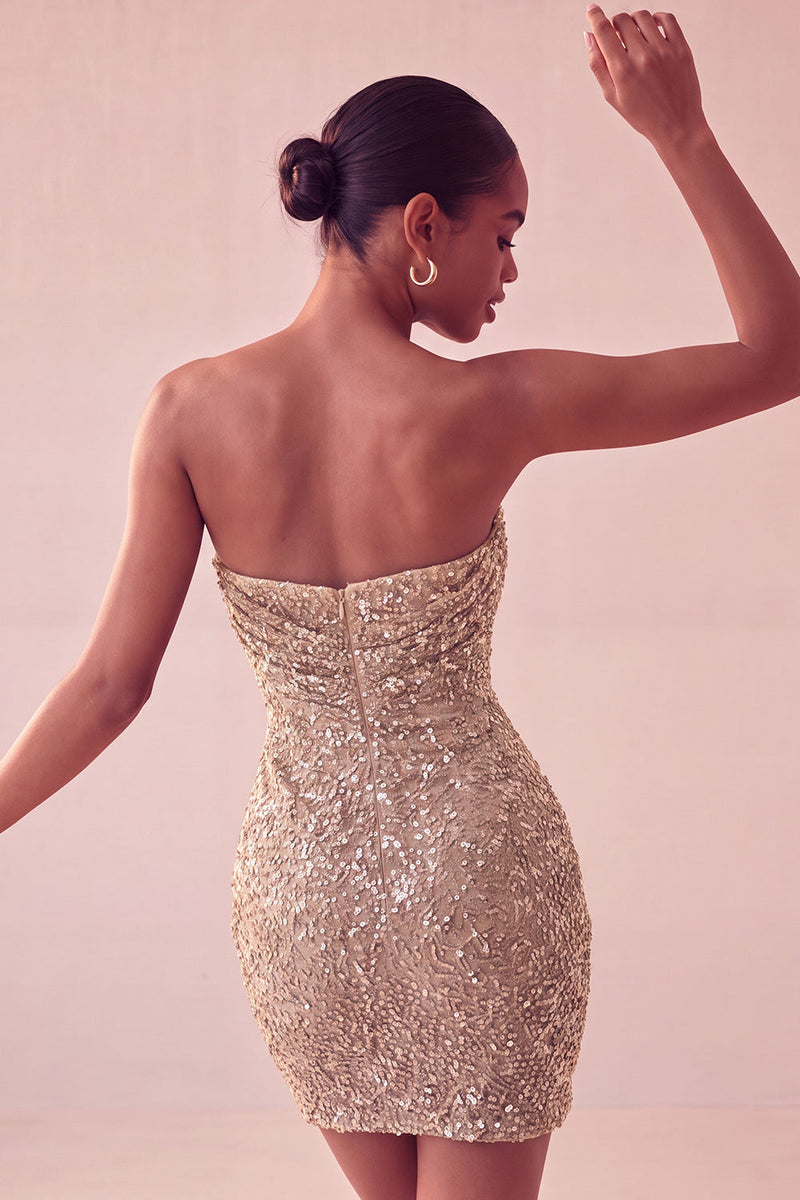 Laden Sie das Bild in den Galerie-Viewer, Glitzerndes Trägerloses Marineblaues Bodycon Pailletten Kurzes Abendkleid