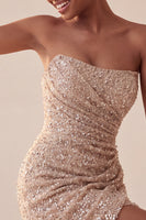 Laden Sie das Bild in den Galerie-Viewer, Glitzerndes Trägerloses Marineblaues Bodycon Pailletten Kurzes Abendkleid