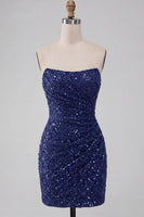 Laden Sie das Bild in den Galerie-Viewer, Glitzerndes Trägerloses Marineblaues Bodycon Pailletten Kurzes Abendkleid