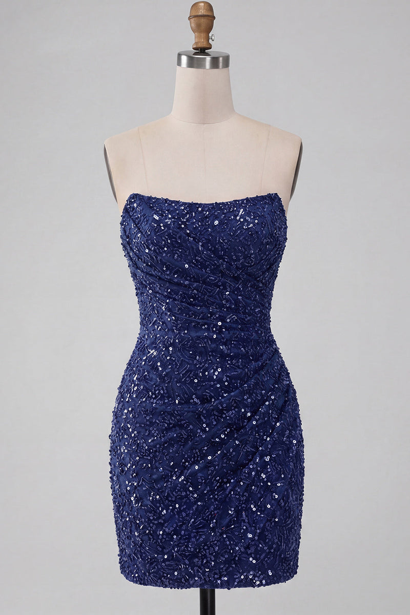 Laden Sie das Bild in den Galerie-Viewer, Glitzerndes Trägerloses Marineblaues Bodycon Pailletten Kurzes Abendkleid