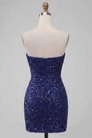 Laden Sie das Bild in den Galerie-Viewer, Glitzerndes Trägerloses Marineblaues Bodycon Pailletten Kurzes Abendkleid