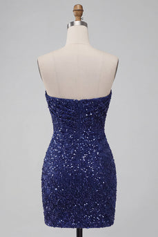 Glitzerndes Trägerloses Marineblaues Bodycon Pailletten Kurzes Abendkleid