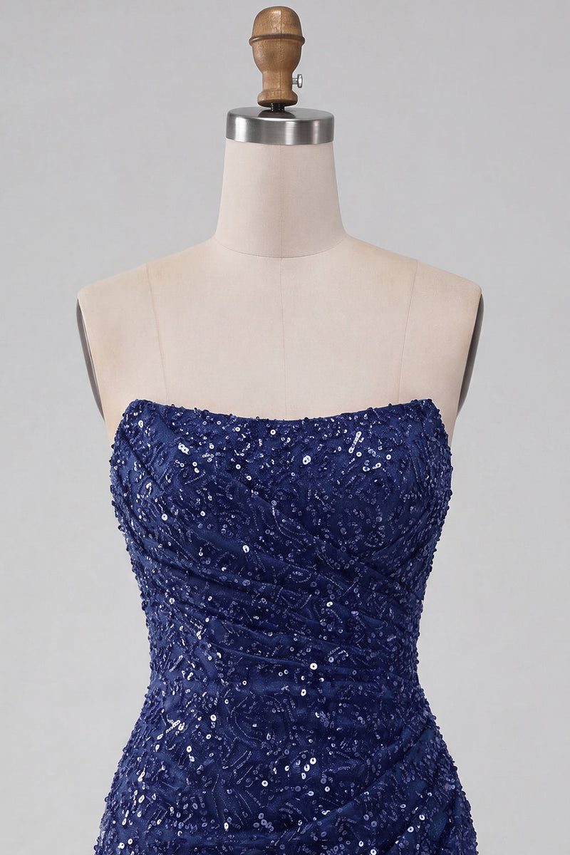Laden Sie das Bild in den Galerie-Viewer, Glitzerndes Trägerloses Marineblaues Bodycon Pailletten Kurzes Abendkleid