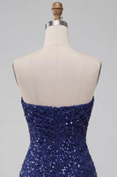 Laden Sie das Bild in den Galerie-Viewer, Glitzerndes Trägerloses Marineblaues Bodycon Pailletten Kurzes Abendkleid