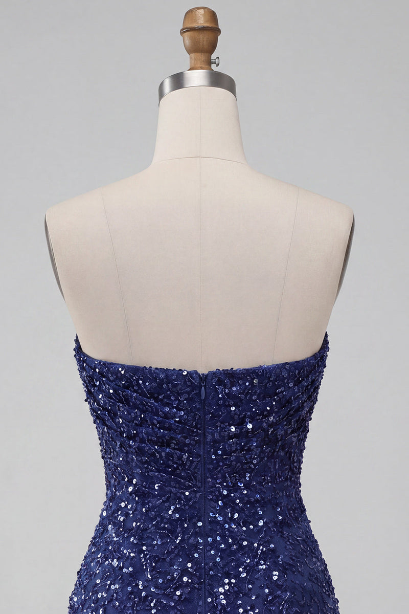 Laden Sie das Bild in den Galerie-Viewer, Glitzerndes Trägerloses Marineblaues Bodycon Pailletten Kurzes Abendkleid