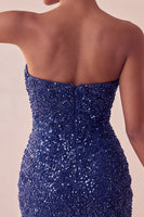 Laden Sie das Bild in den Galerie-Viewer, Glitzerndes Trägerloses Marineblaues Bodycon Pailletten Kurzes Abendkleid