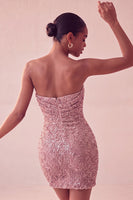 Laden Sie das Bild in den Galerie-Viewer, Glitzerndes Trägerloses Marineblaues Bodycon Pailletten Kurzes Abendkleid
