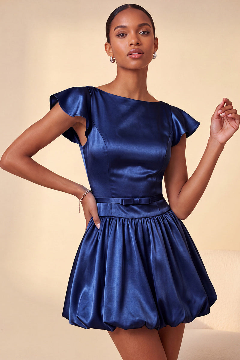 Laden Sie das Bild in den Galerie-Viewer, Himmelblaues A-Linie Satin Bateau-Hals Kurzes Abendkleid mit Mützenärmeln
