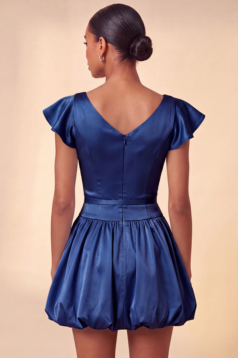 Laden Sie das Bild in den Galerie-Viewer, Himmelblaues A-Linie Satin Bateau-Hals Kurzes Abendkleid mit Mützenärmeln