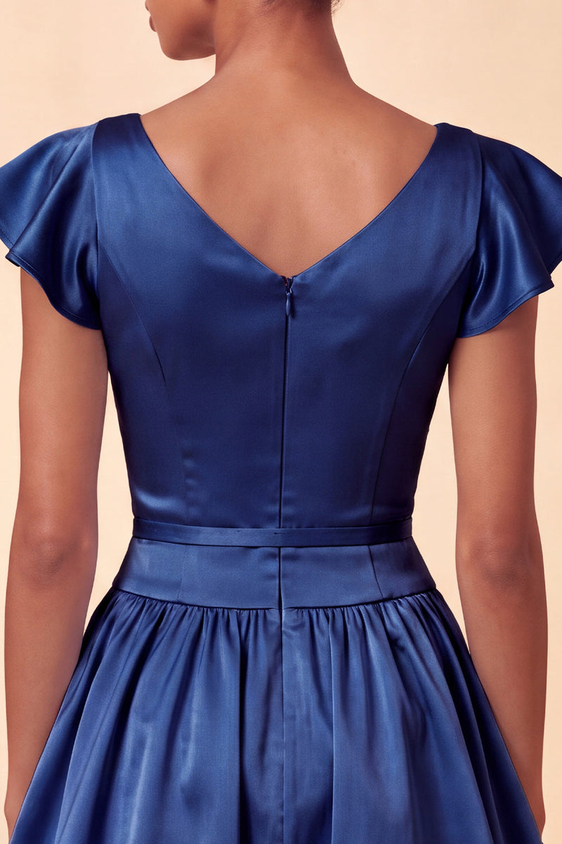 Laden Sie das Bild in den Galerie-Viewer, Himmelblaues A-Linie Satin Bateau-Hals Kurzes Abendkleid mit Mützenärmeln