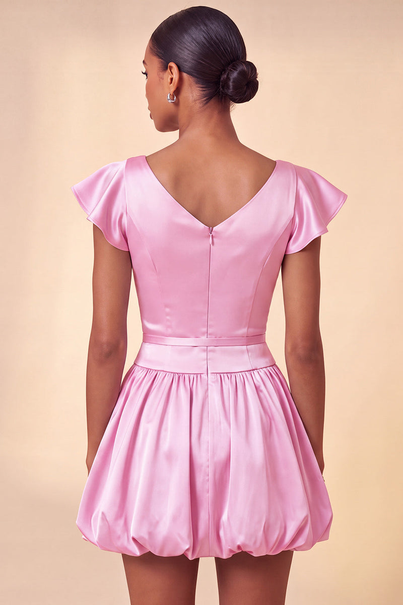 Laden Sie das Bild in den Galerie-Viewer, Himmelblaues A-Linie Satin Bateau-Hals Kurzes Abendkleid mit Mützenärmeln