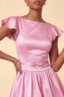 Laden Sie das Bild in den Galerie-Viewer, Himmelblaues A-Linie Satin Bateau-Hals Kurzes Abendkleid mit Mützenärmeln