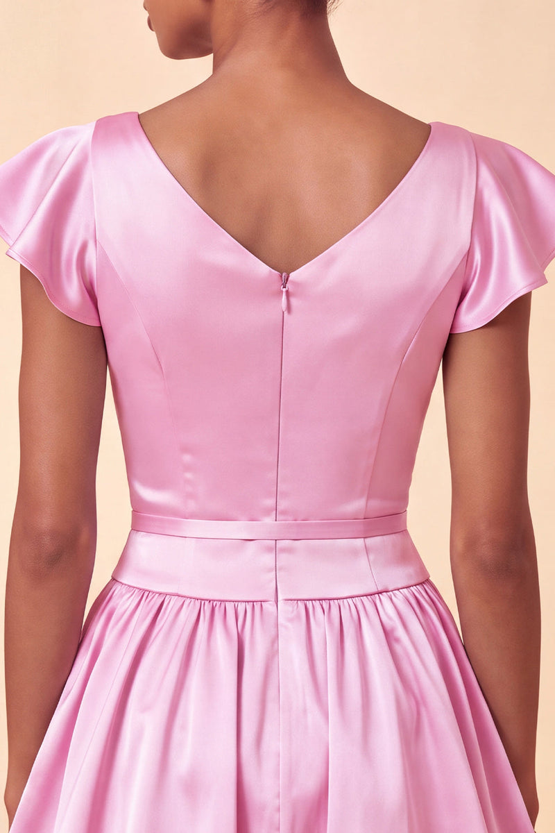 Laden Sie das Bild in den Galerie-Viewer, Himmelblaues A-Linie Satin Bateau-Hals Kurzes Abendkleid mit Mützenärmeln