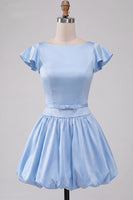 Laden Sie das Bild in den Galerie-Viewer, Himmelblaues A-Linie Satin Bateau-Hals Kurzes Abendkleid mit Mützenärmeln