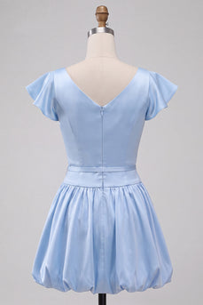 Himmelblaues A-Linie Satin Bateau-Hals Kurzes Abendkleid mit Mützenärmeln