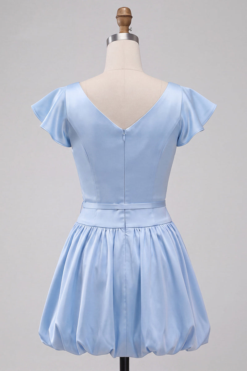 Laden Sie das Bild in den Galerie-Viewer, Himmelblaues A-Linie Satin Bateau-Hals Kurzes Abendkleid mit Mützenärmeln