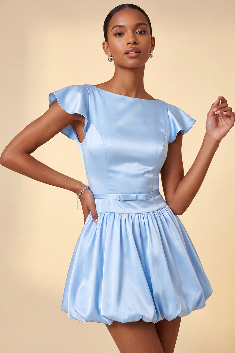 Laden Sie das Bild in den Galerie-Viewer, Himmelblaues A-Linie Satin Bateau-Hals Kurzes Abendkleid mit Mützenärmeln