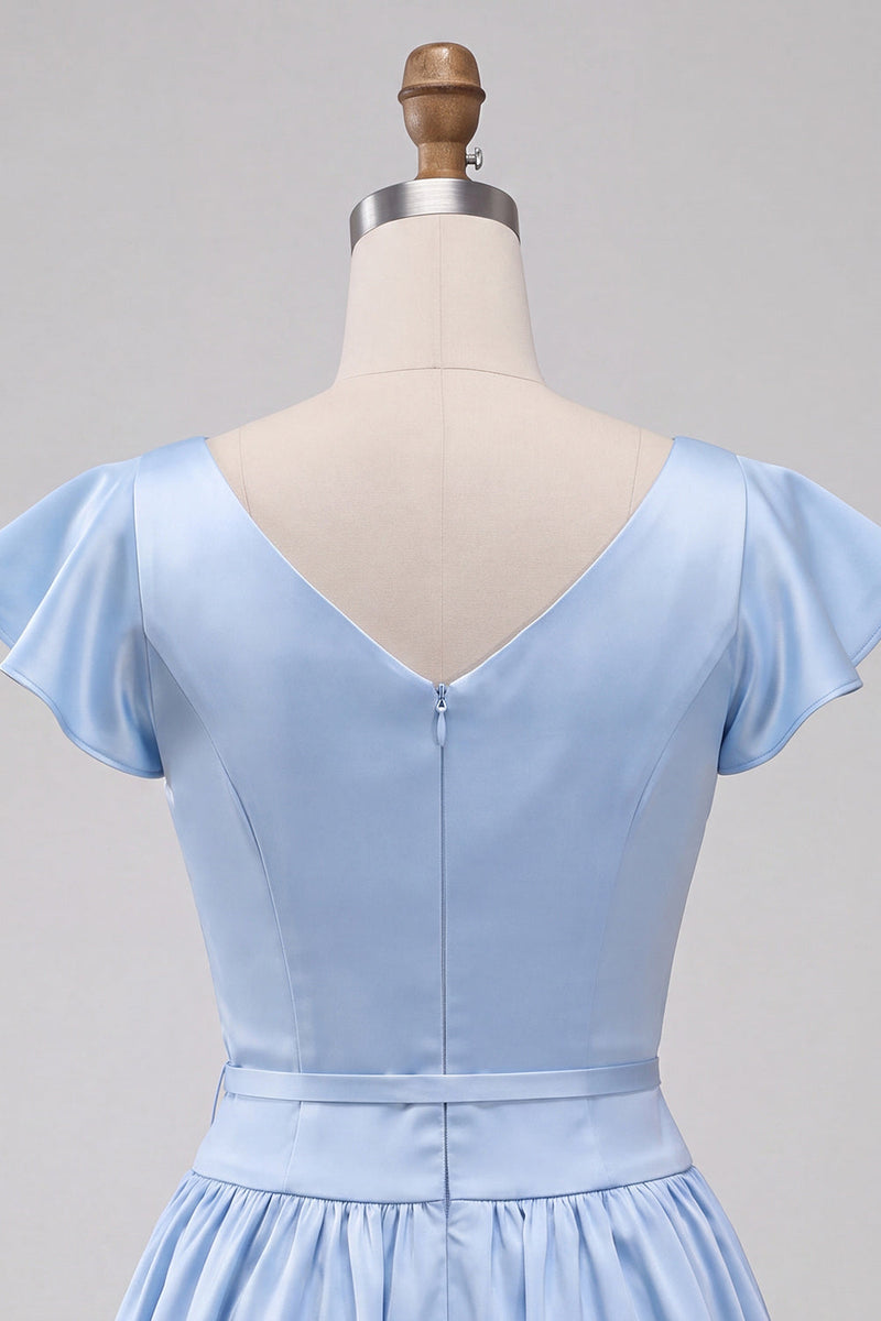 Laden Sie das Bild in den Galerie-Viewer, Himmelblaues A-Linie Satin Bateau-Hals Kurzes Abendkleid mit Mützenärmeln