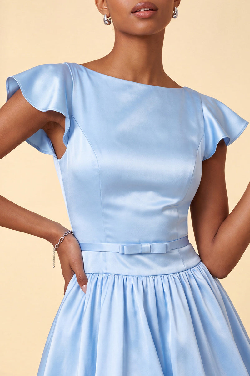 Laden Sie das Bild in den Galerie-Viewer, Himmelblaues A-Linie Satin Bateau-Hals Kurzes Abendkleid mit Mützenärmeln