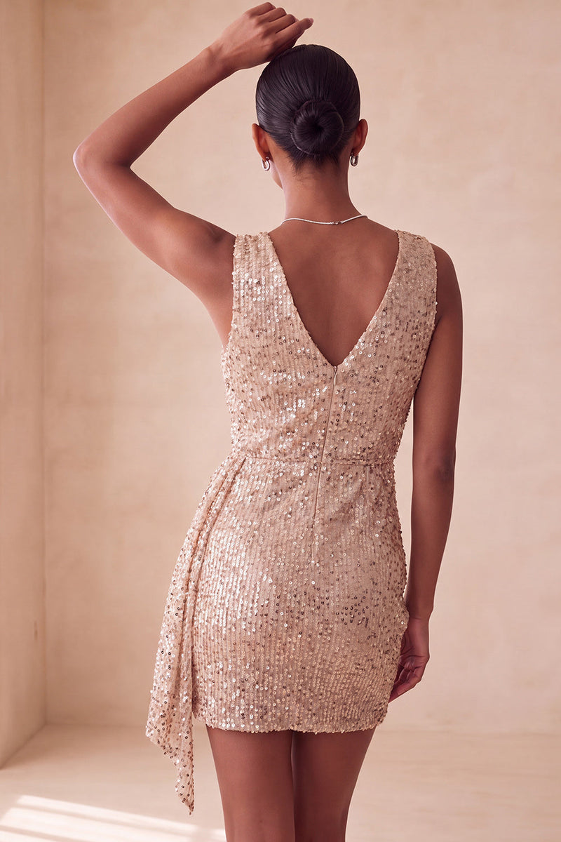 Laden Sie das Bild in den Galerie-Viewer, Glitzerndes Rosa Bodycon Rundhals Pailletten Gerafftes Kurzes Abendkleid mit Schärpe