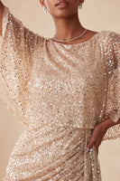 Laden Sie das Bild in den Galerie-Viewer, Glitzerndes Rosa Bodycon Rundhals Pailletten Gerafftes Kurzes Abendkleid mit Schärpe